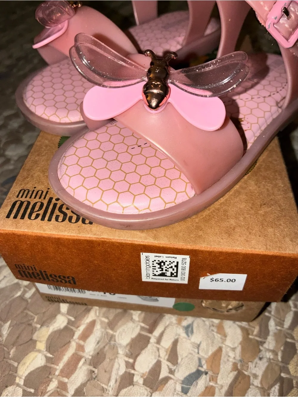 Mini Melissa Pink Butterfly Jelly Sandals with Gold Accent